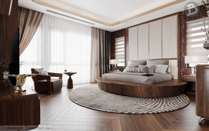 Phòng ngủ hiện đại sang trọng với nội thất gỗ óc chó