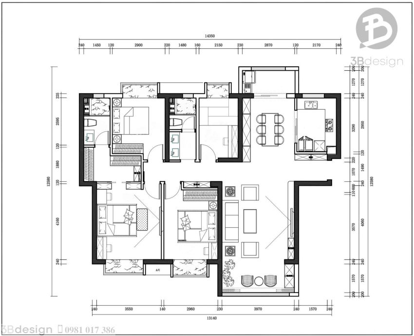 Thiết kế công năng căn hộ chung cư 100m2 với 3 phòng ngủ