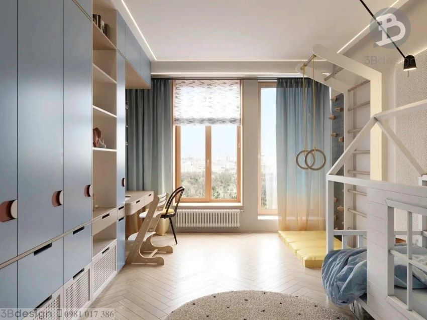 Phòng ngủ cho bé được thiết kế với không gian học tập, vận động