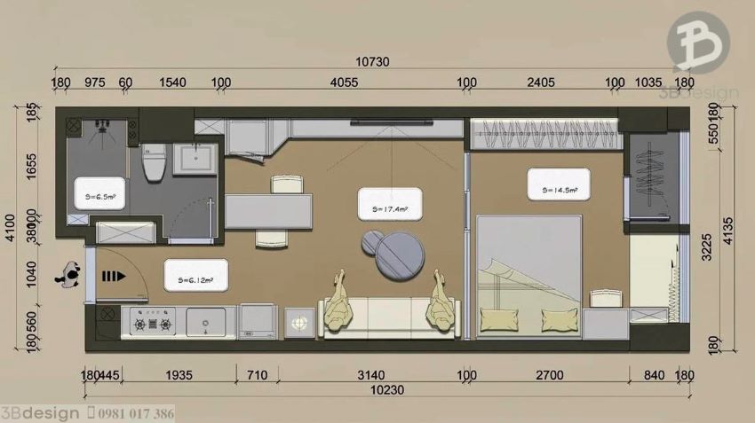 Thiết kế công năng căn hộ chung cư 45m2 1 phòng ngủ