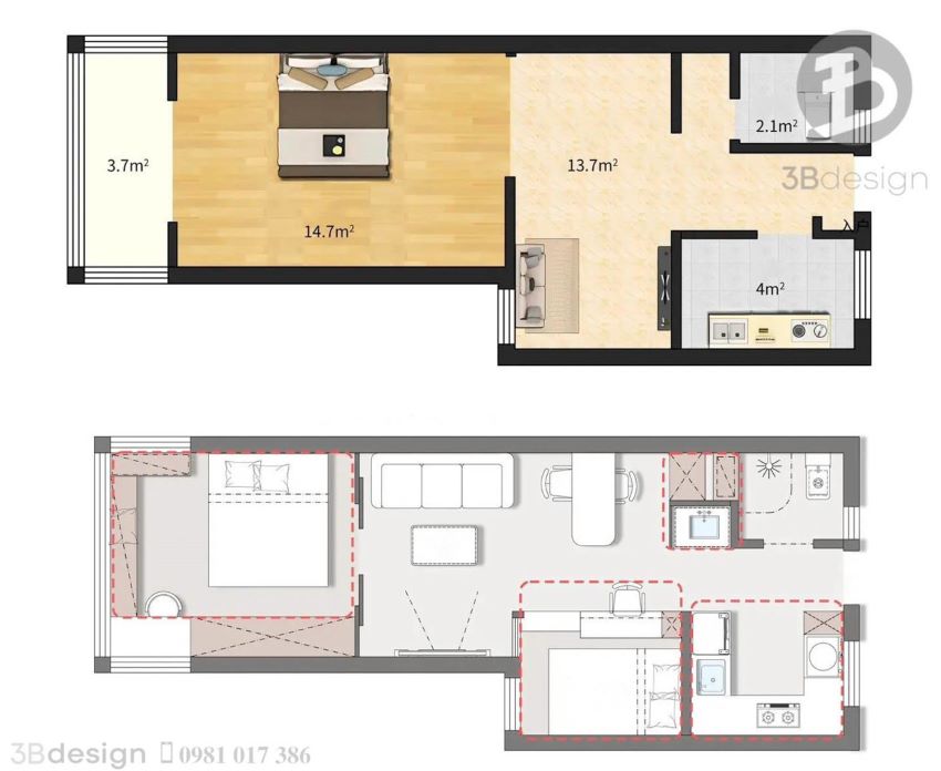 Phương án thiết kế công năng căn hộ chung cư 45m2 2 phòng ngủ