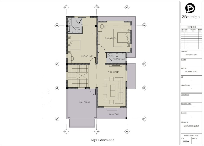 Bản vẽ mặt bằng tầng 3 biệt thự