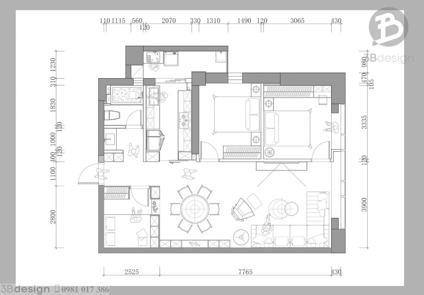 Thiết kế công năng căn hộ chung cư 95m2 3 phòng ngủ