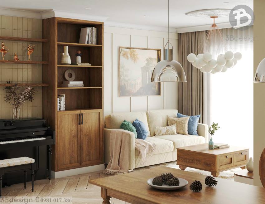 Thiết kế nội thất phòng khách căn hộ phong cách transitional