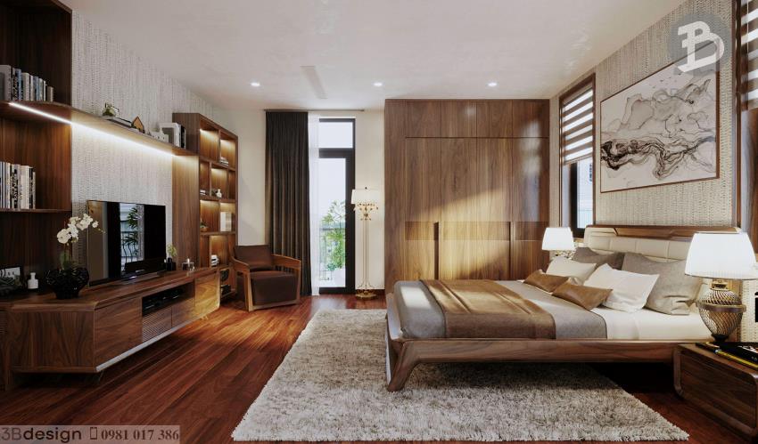 Thiết kế nội thất phòng ngủ gỗ óc chó hiện đại