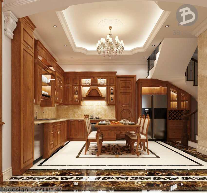 Thiết kế nội thất phòng bếp tân cổ điển gỗ gõ đỏ
