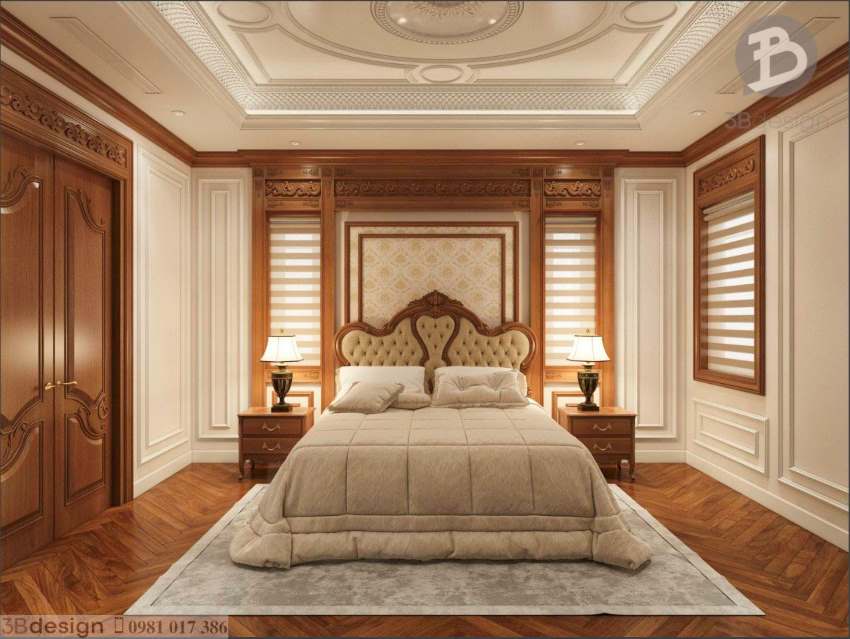 Thiết kế nội thất phòng ngủ gỗ tự nhiên tân cổ điển