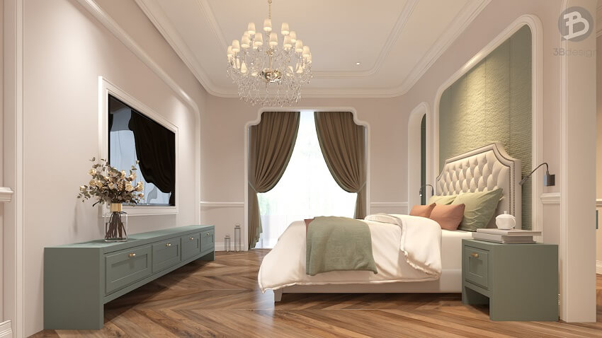 Phòng ngủ sang trọng thanh lịch với phong cách tân cổ điển