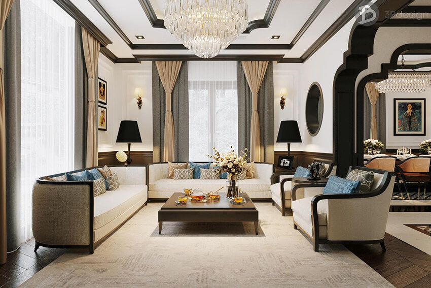 Mẫu nội thất phòng khách nhà biệt thự phong cách đông dương Indochine