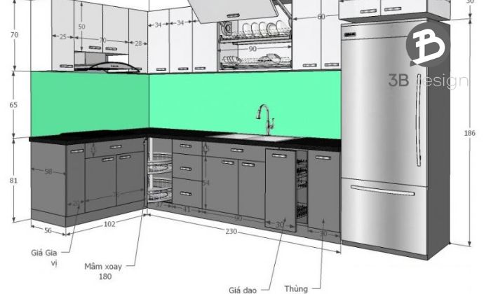 Công thức tính giá tủ bếp theo mét dài trọn gói