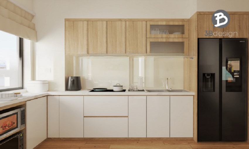 Phòng bếp với các món nội thất được tối giản tối đa giúp không gian rộng hơn