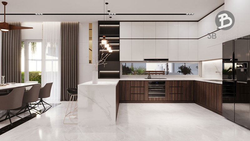 Sử dụng vật liệu cao cấp cho thiết kế nội thất phòng bếp nhà phố