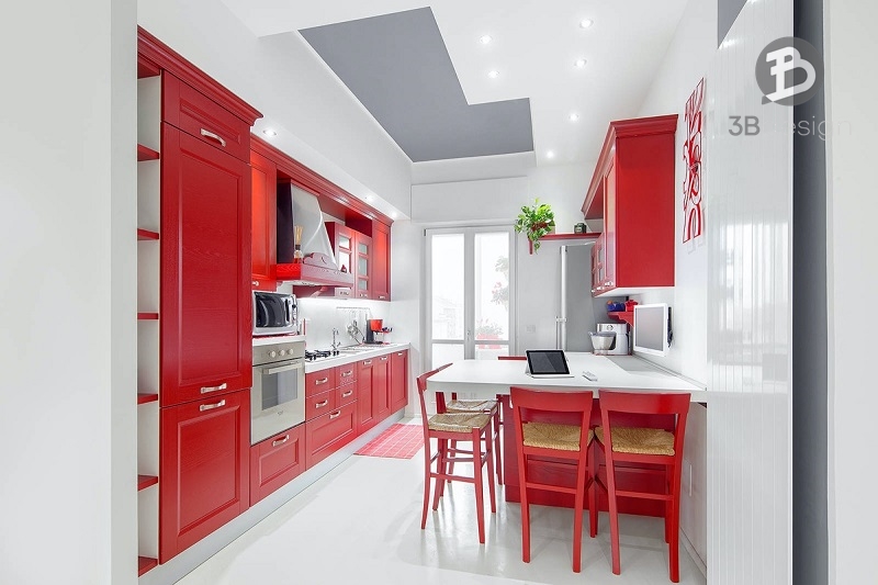Phong cách thiết kế phòng bếp nhà ống tân cổ điển kết hợp cùng sắc đỏ ấn tượng