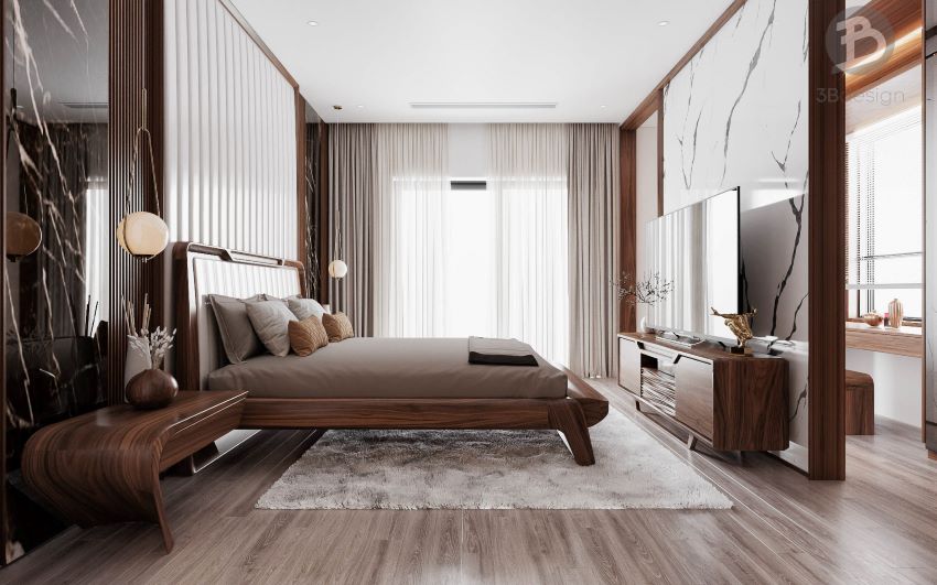 Thiết kế nội thất phòng ngủ gỗ óc chó cho biệt thự