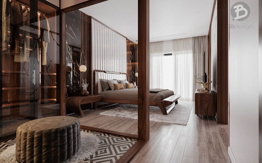 Thiết kế không gian nội thất phòng ngủ biệt thự gỗ óc chó