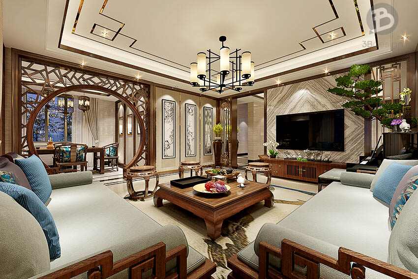 Thiết kế nội thất phòng khách gỗ óc chó theo phong cách Á Đông truyền thống