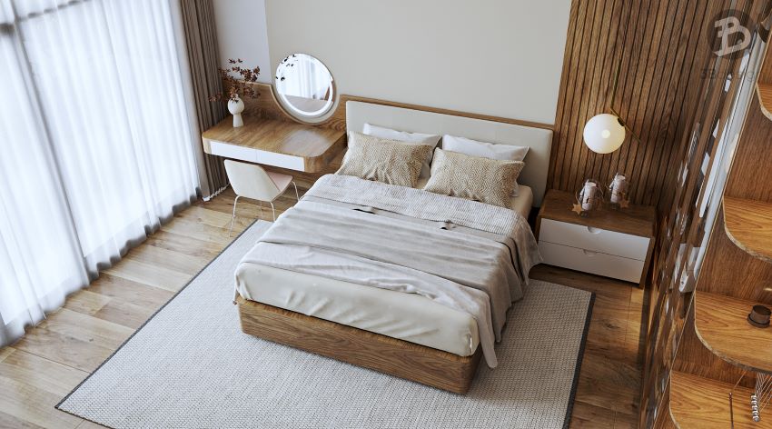 Thiết kế nội thất nhà hướng Tây với phòng ngủ master tông gỗ tự nhiên