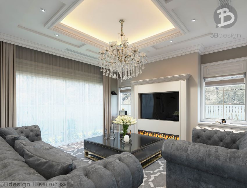 Đèn chùm cổ điển kích thước phù hợp giúp không gian phòng khách tân cổ điển sang trọng hơn