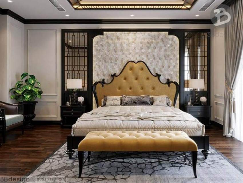 Thiết kế phòng ngủ phong cách Indochine với nội thất và vách trang trí đầu giường đặc trưng