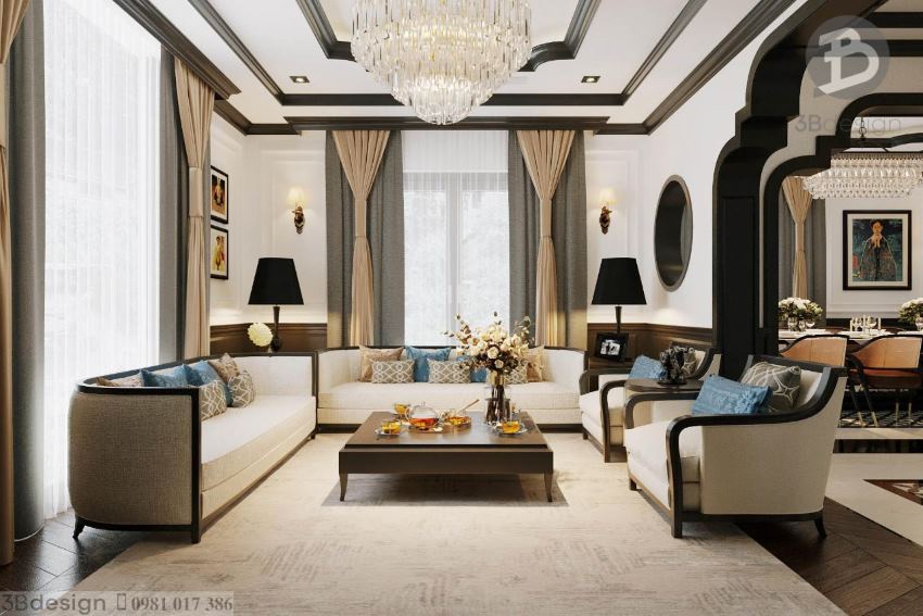 Bộ sofa phòng khách sử dụng gỗ tự nhiên kết hợp vải cao cấp