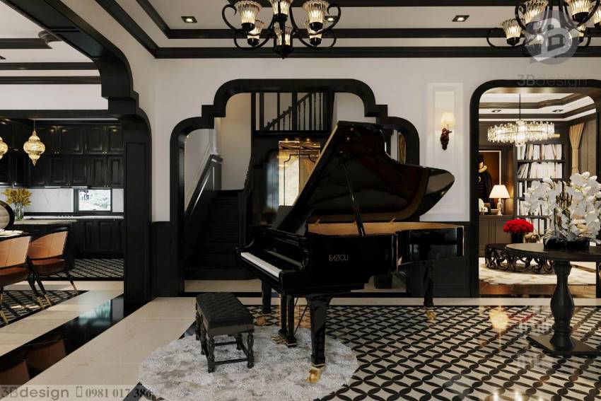Sảnh căn biệt thự nổi bật với chiếc đàn piano cỡ lớn