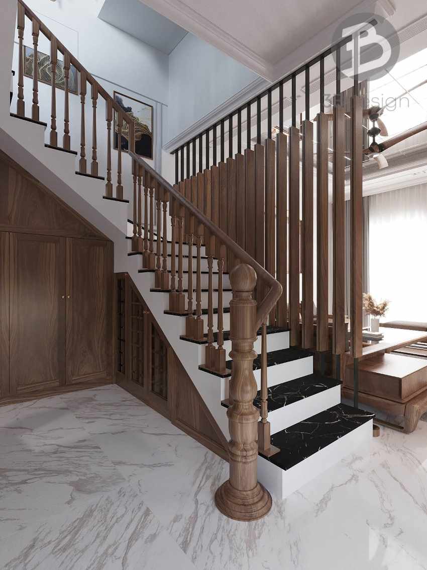 Thiết kế nội thất và cầu thang gỗ óc chó nhà phố Hải Phòng