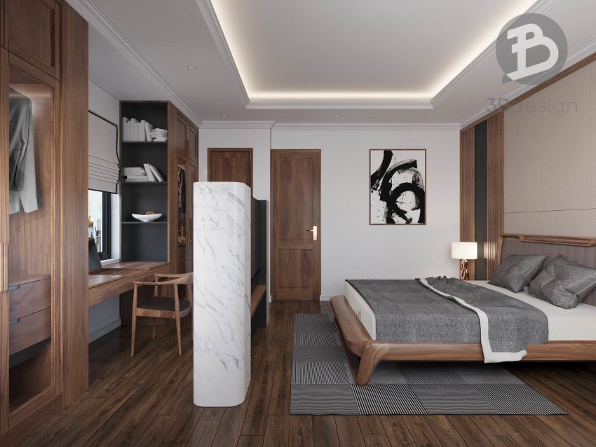 Thiết kế nội thất phòng ngủ master nhà phố gỗ óc chó tại Hải Phòng