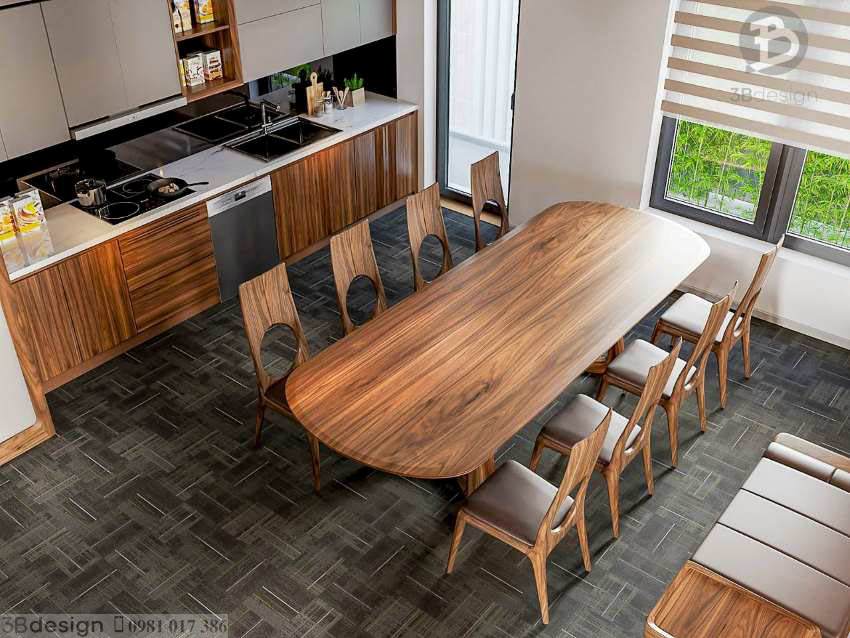 Phòng bếp phong cách hiện đại với chất liệu gỗ óc chó