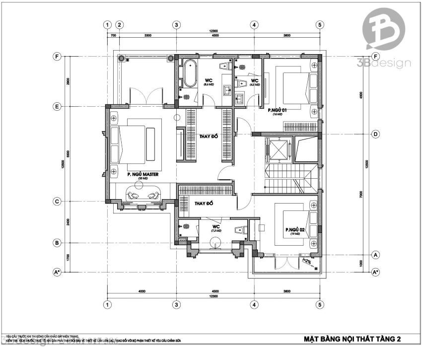 Mặt bằng công năng tầng 2 biệt thự