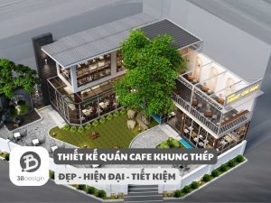 Mẫu thiết kế quán cafe khung thép tiền chế sân vườn 2 tầng đẹp