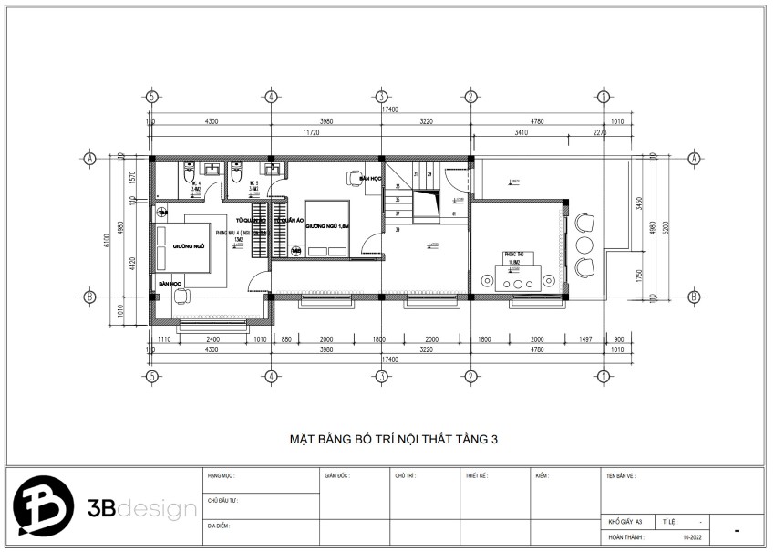 Bản vẽ công năng tầng 3 nhà phố