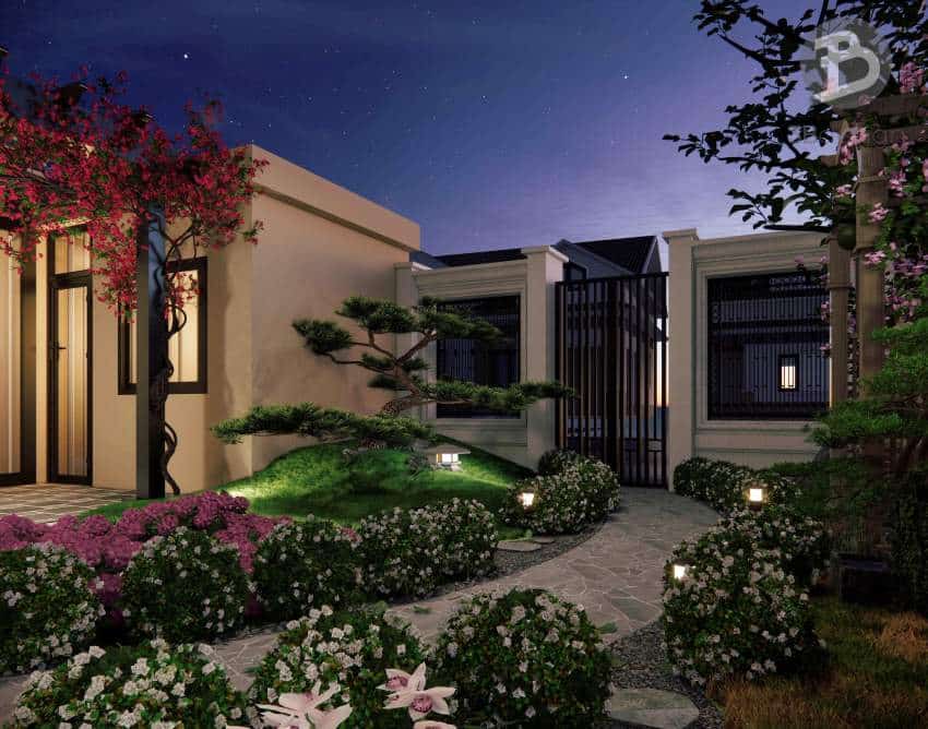 Phối cảnh sân vườn buổi đêm